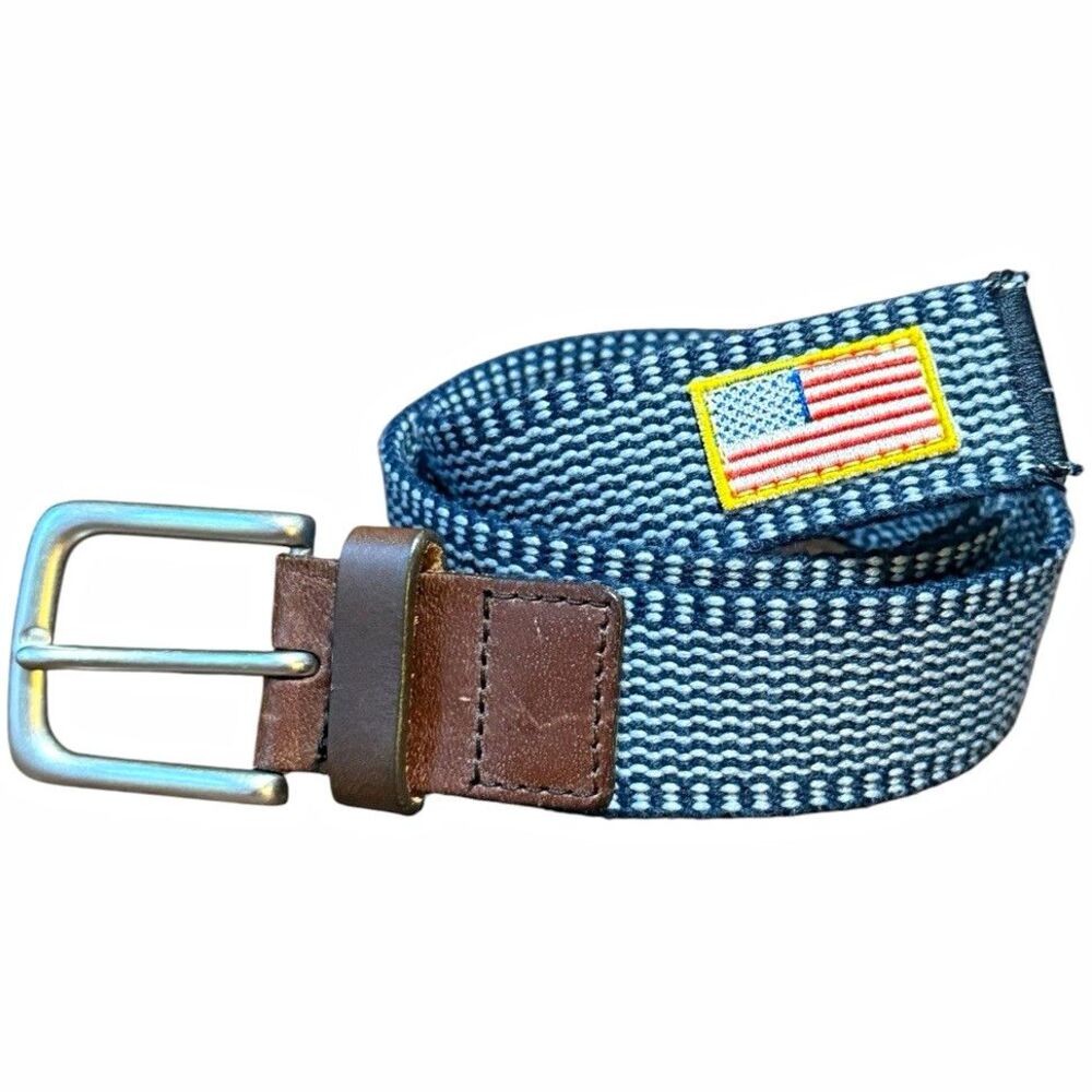Gap Belt 32 Blue Woven American Flag Patch Brown Trim Preppy